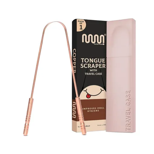 Copper tongue scraper with travel case and box, designed to improve oral hygiene.