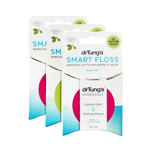 Three packages of Dr. Tung's Smart Floss with natural cardamom flavor in plastic-free packaging.