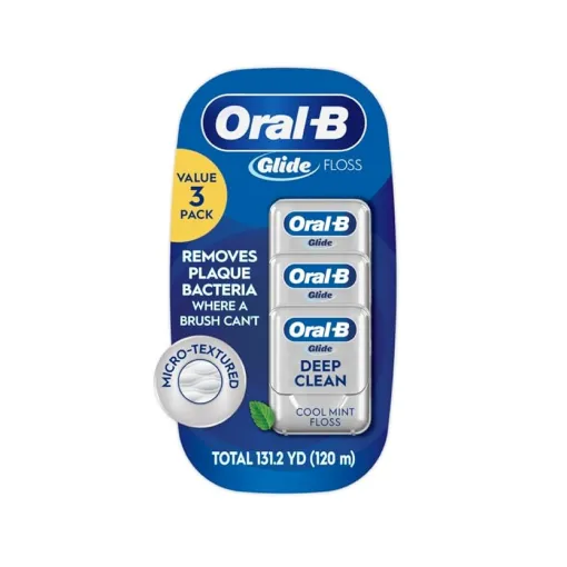 Three-pack of Oral-B Glide dental floss, labeled for plaque removal, cool mint flavor.