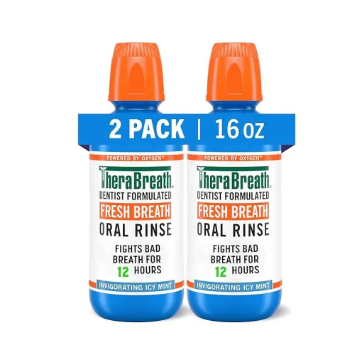 Two bottles of TheraBreath Fresh Breath Oral Rinse, 16 oz each, promising 12 hours of protection.